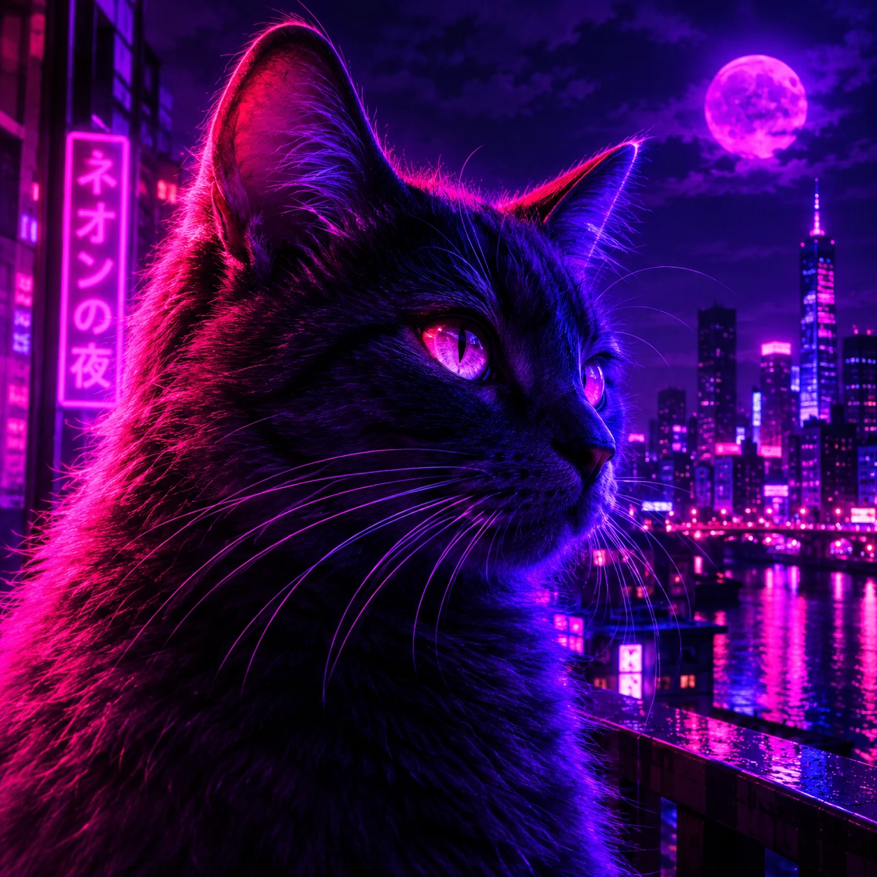 Aesthetic cat PFP of a cat lit by pink and purple neon lights at night