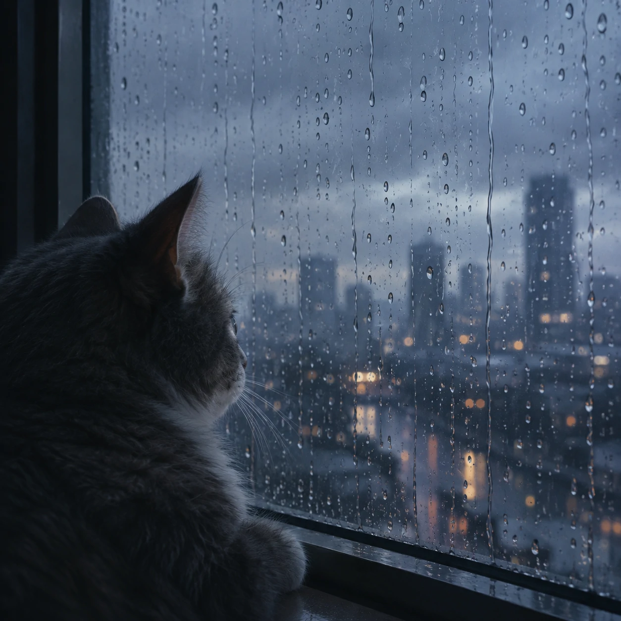 Aesthetic cat PFP of a cat watching raindrops slide down a glass window
