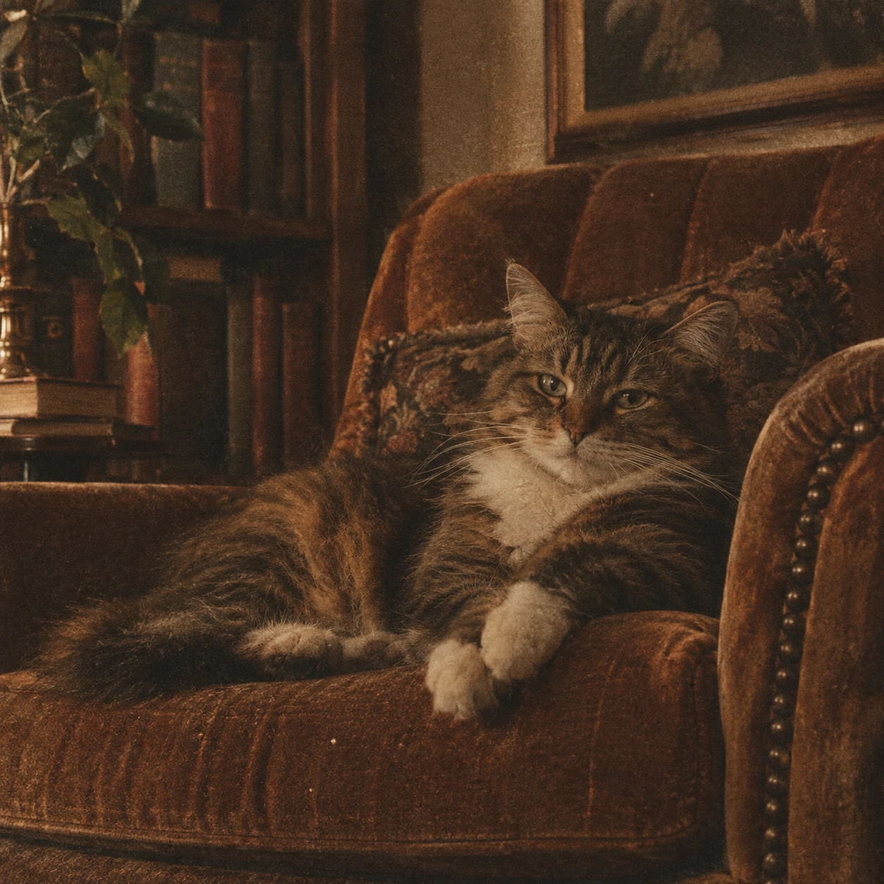 Aesthetic cat PFP with vintage film grain showing a cat on a retro armchair