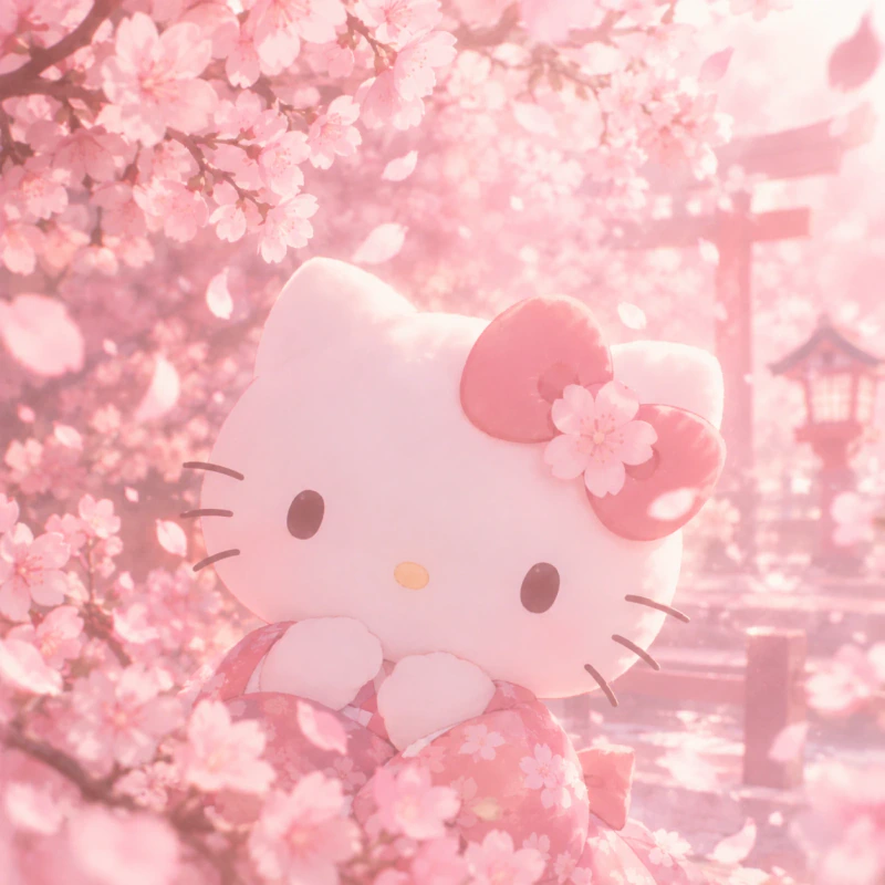 Aesthetic Hello Kitty PFP under falling cherry blossoms in soft pink light