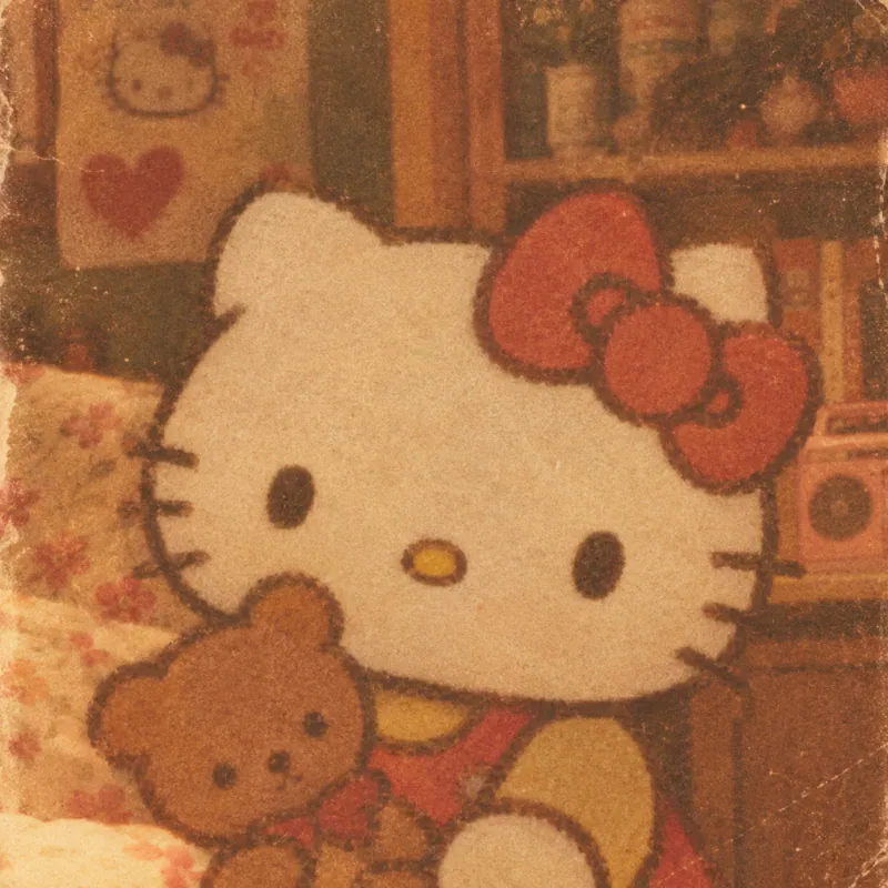 Vintage aesthetic Hello Kitty PFP with film grain and warm faded colors