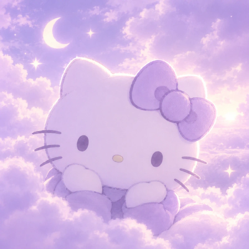 Aesthetic Hello Kitty PFP in lavender tones with dreamy clouds and soft light