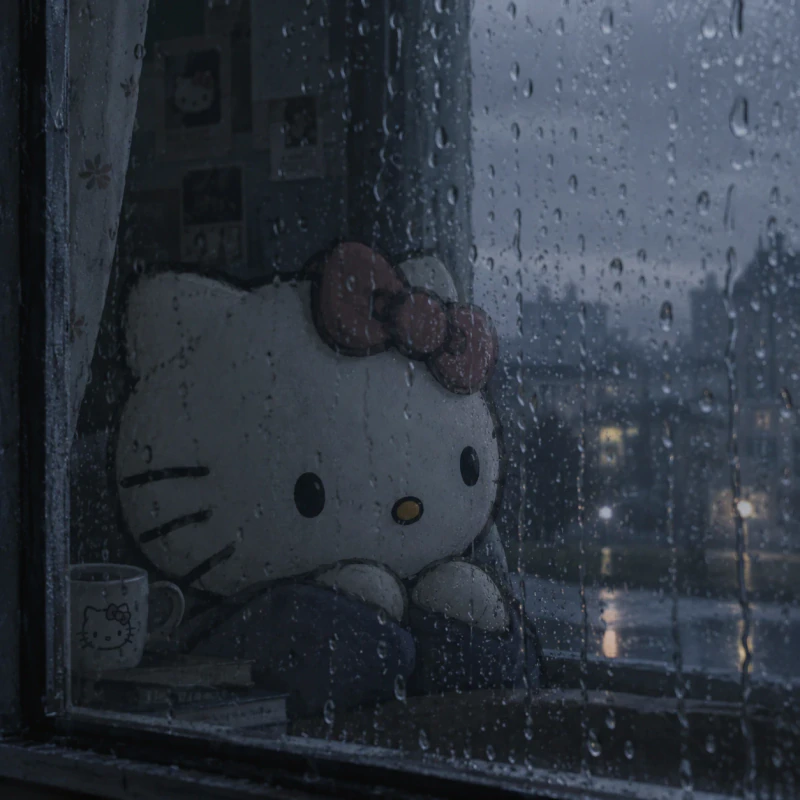 Moody aesthetic Hello Kitty PFP looking through a rain-covered window