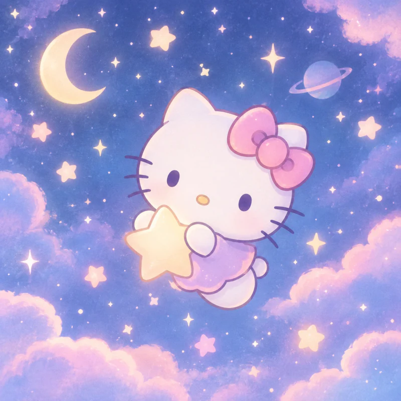 Aesthetic Hello Kitty PFP with soft stars on a pastel night sky background