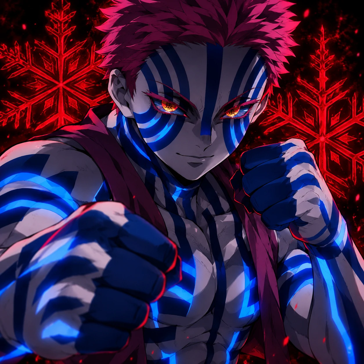 Akaza with blue line tattoos raising his fists in a fighting stance, Upper Moon Three anime pfp
