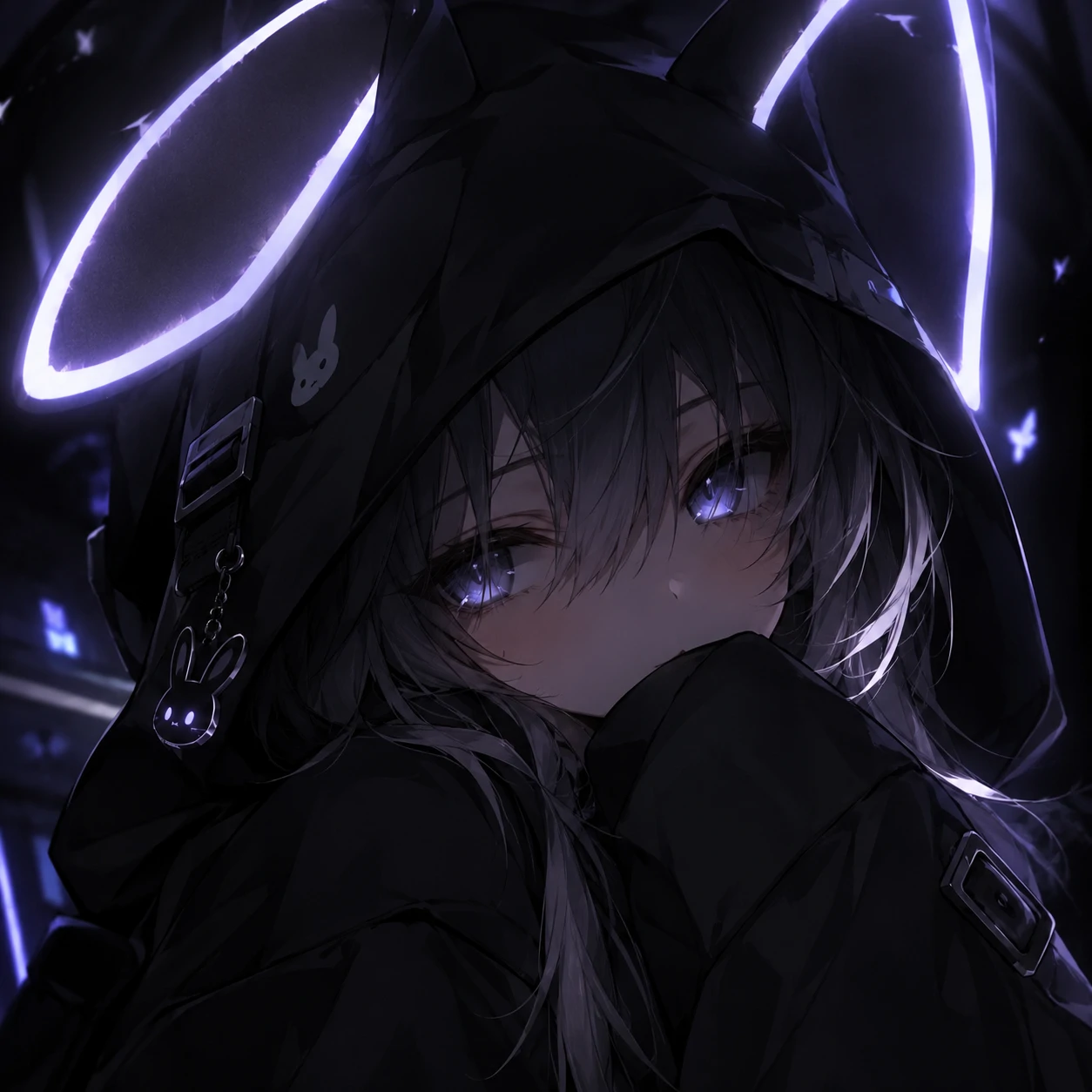Anime bunny pfp of a character in a dark hood with glowing bunny ears