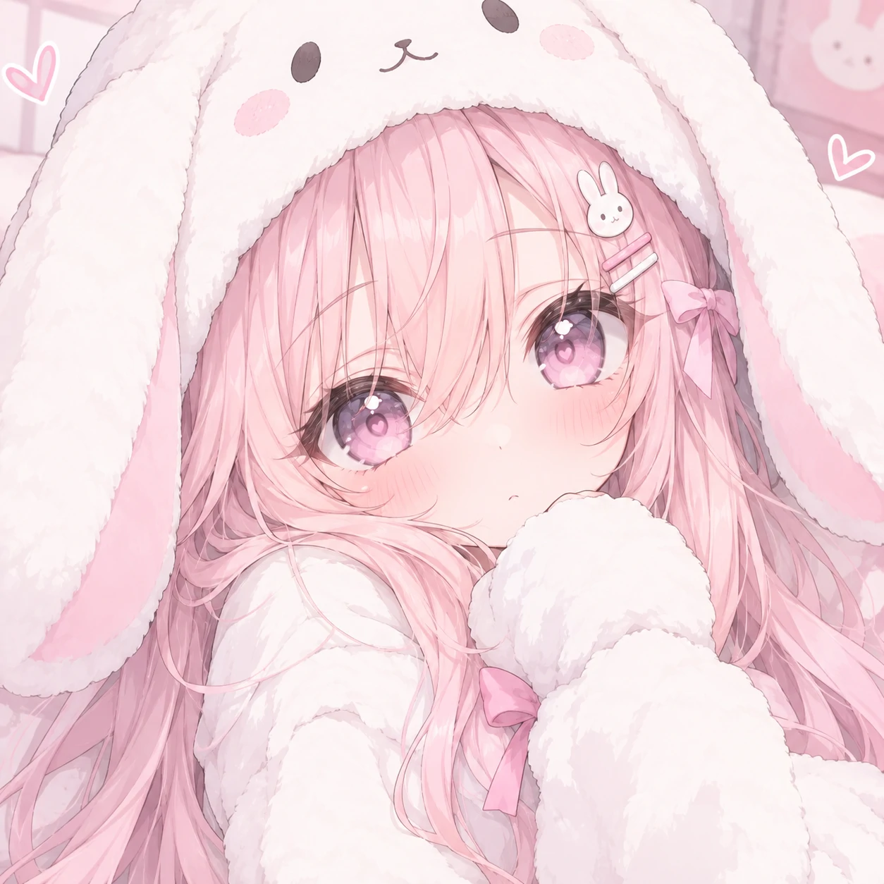 Anime bunny pfp of a girl with pastel pink hair wearing a fluffy bunny ear hood