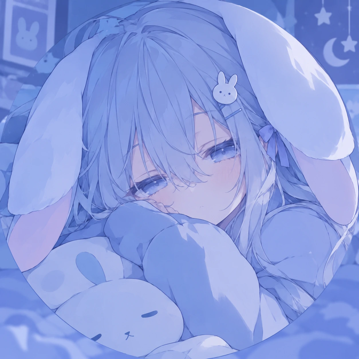Soft anime bunny pfp in cool blue tones with a sleepy rabbit-eared character