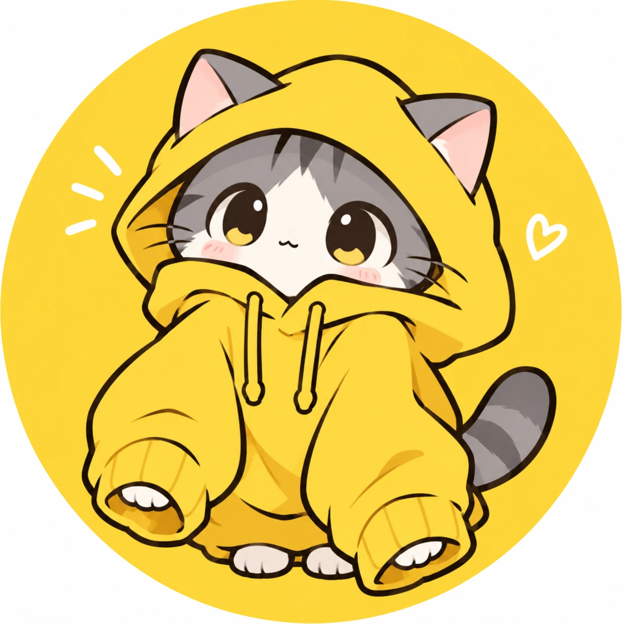 Chibi anime cat PFP of a small cat wearing an oversized yellow hoodie