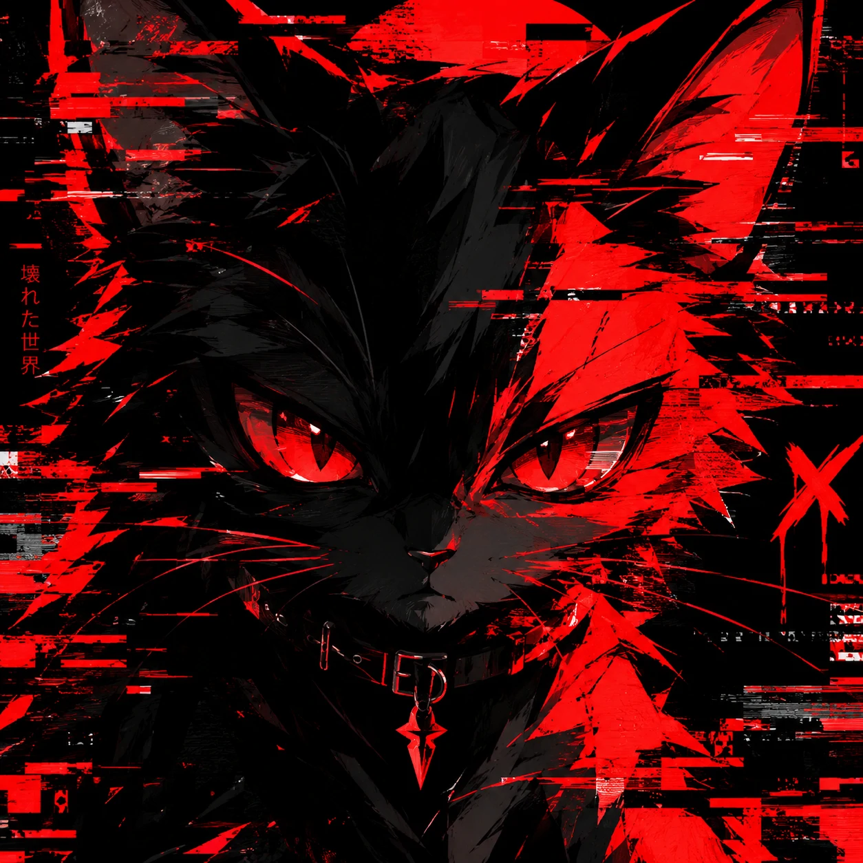 Edgy anime cat PFP with glitch effect and sharp red and black color scheme