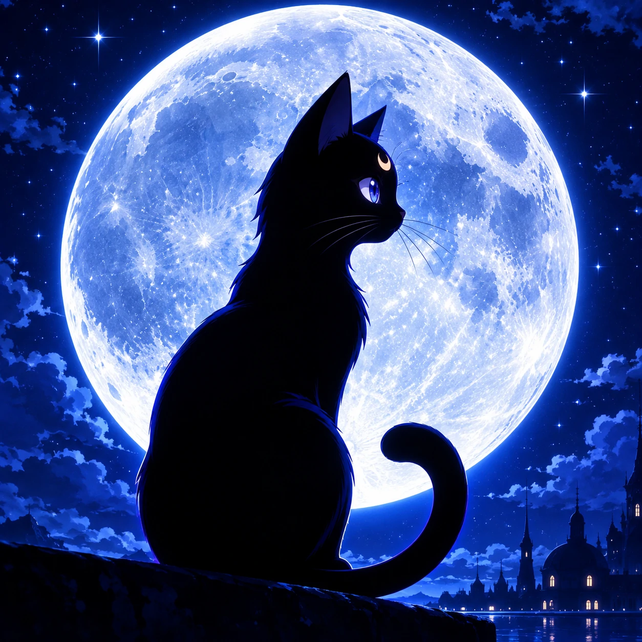 Anime cat PFP showing a black anime cat sitting before a large glowing moon