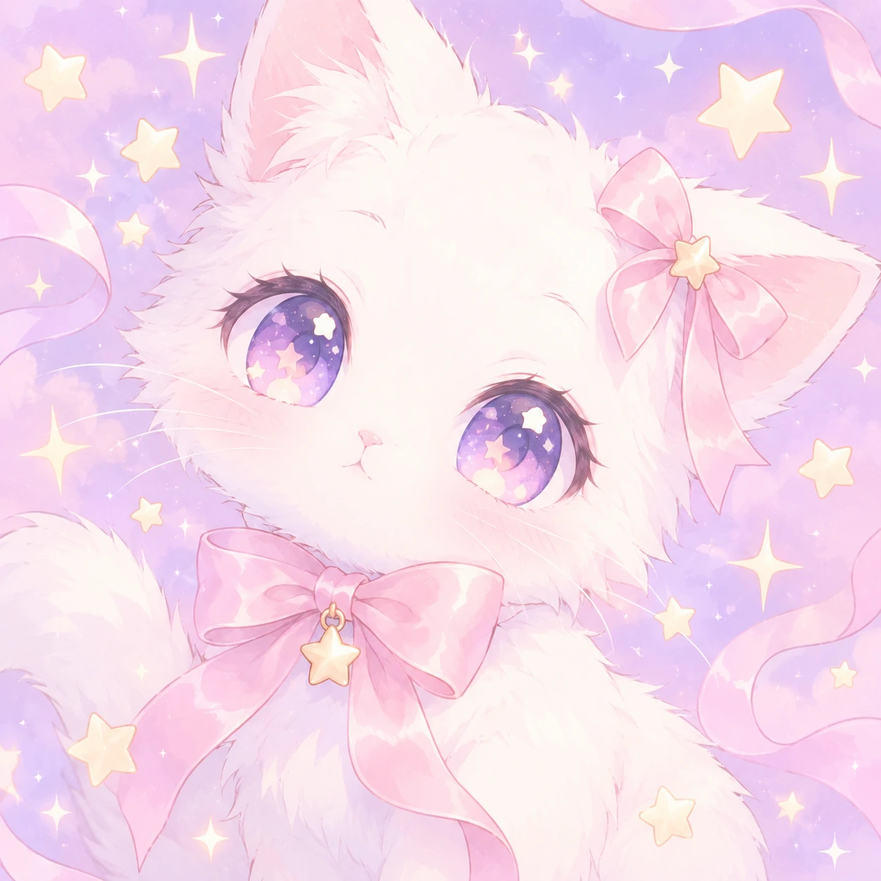 Soft pastel anime cat PFP of a white cat with ribbon and star sparkles