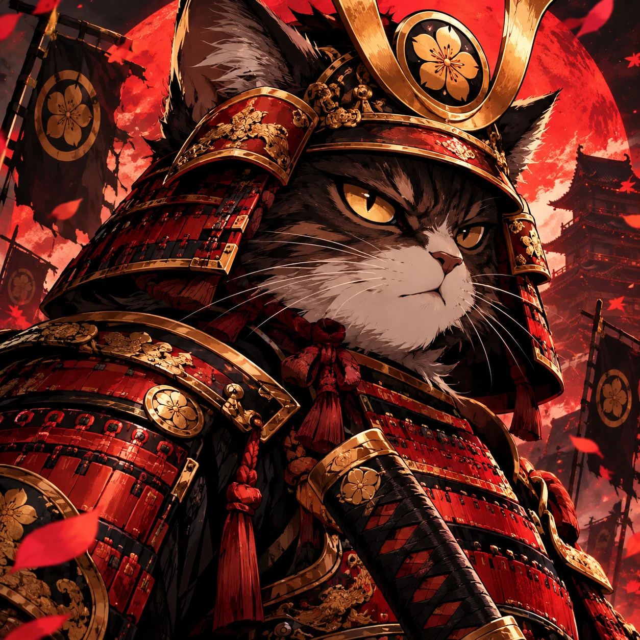 Anime cat PFP of a serious warrior cat wearing detailed samurai-style armor