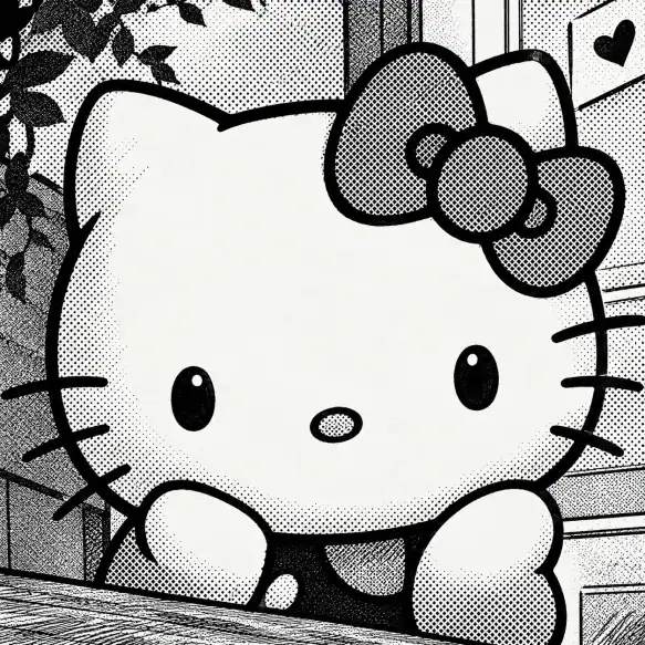 Black and white Hello Kitty PFP with manga-style ink shading and screentone
