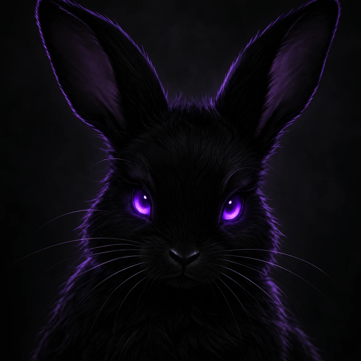 Black bunny pfp with dark aesthetic tones and softly glowing purple eyes