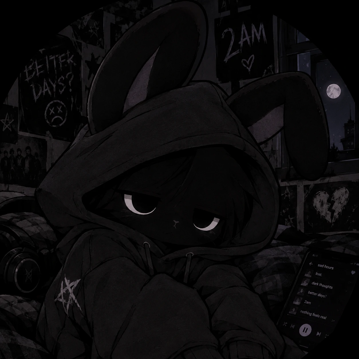 Emo black bunny pfp wearing an oversized dark hoodie