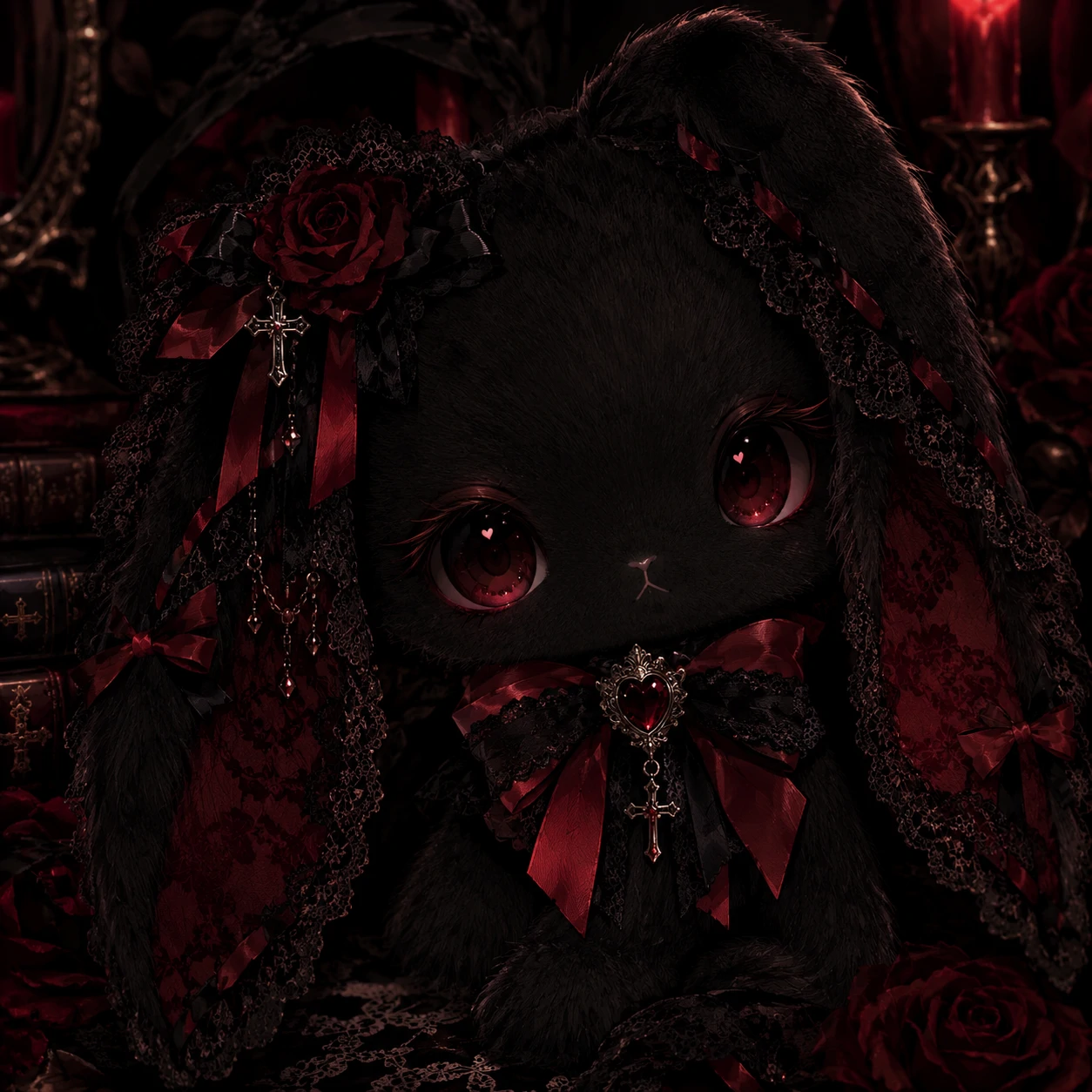 Gothic black bunny pfp with lace ears and dark red accents