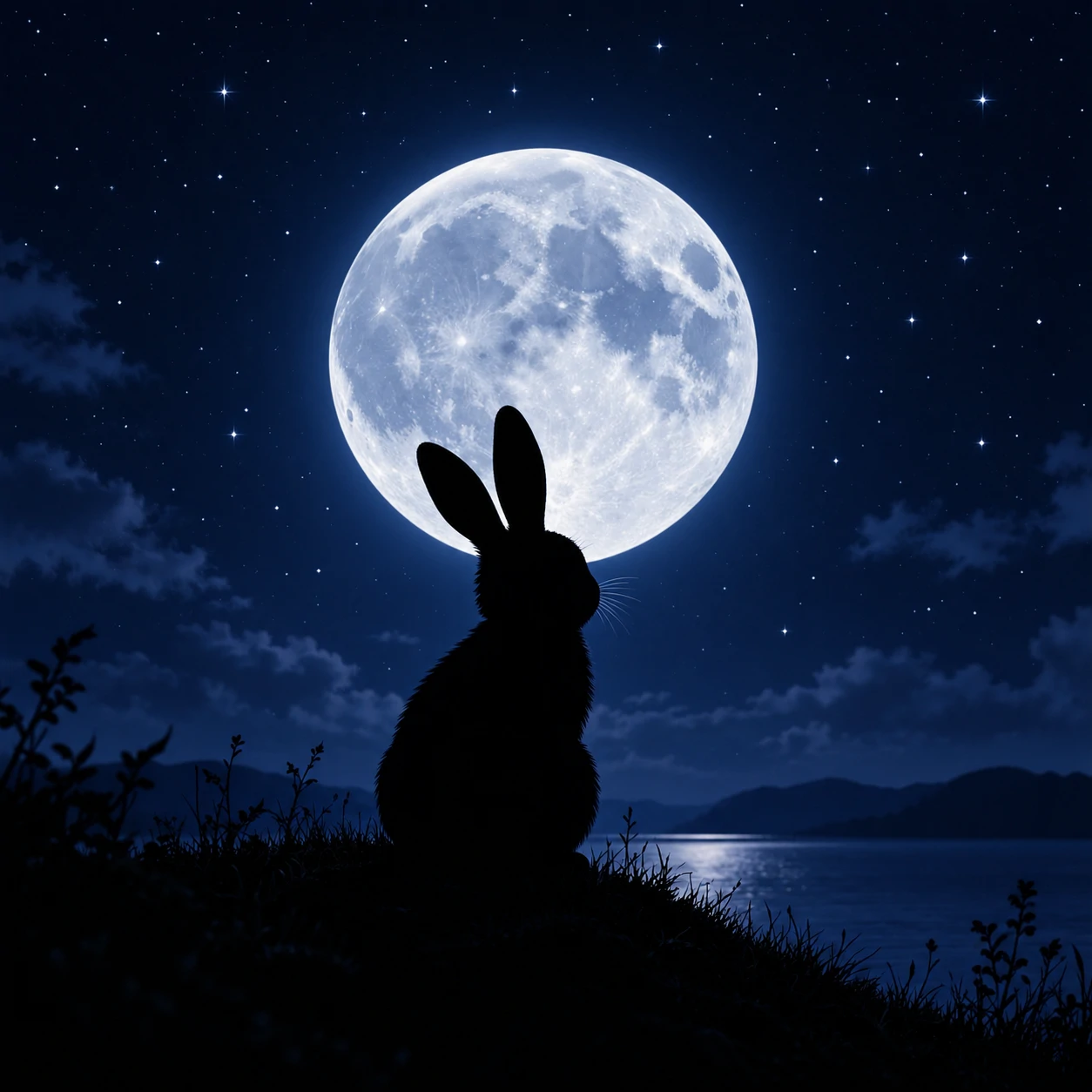 Black bunny silhouette pfp sitting under a full moon at night