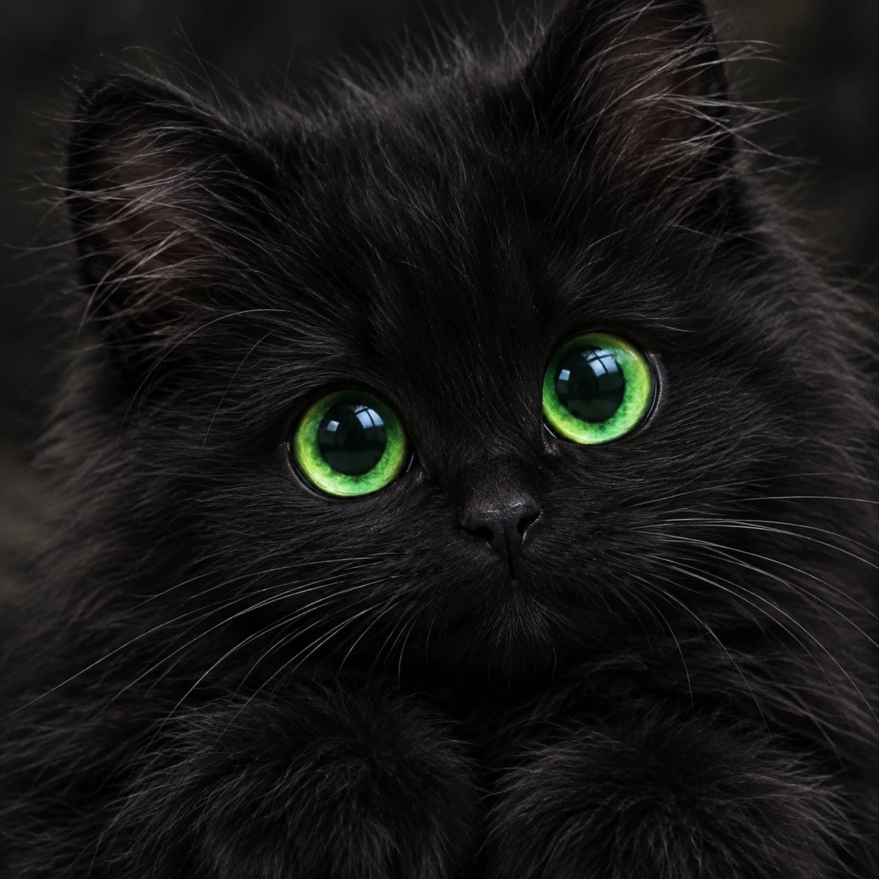 Cute black cat PFP of a fluffy kitten with round bright green eyes