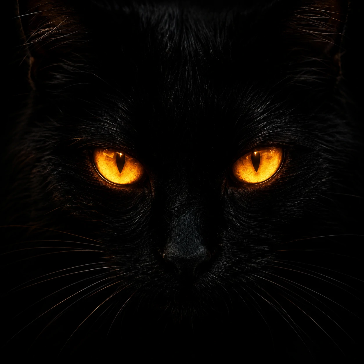 Black cat PFP with piercing amber eyes glowing against a dark background