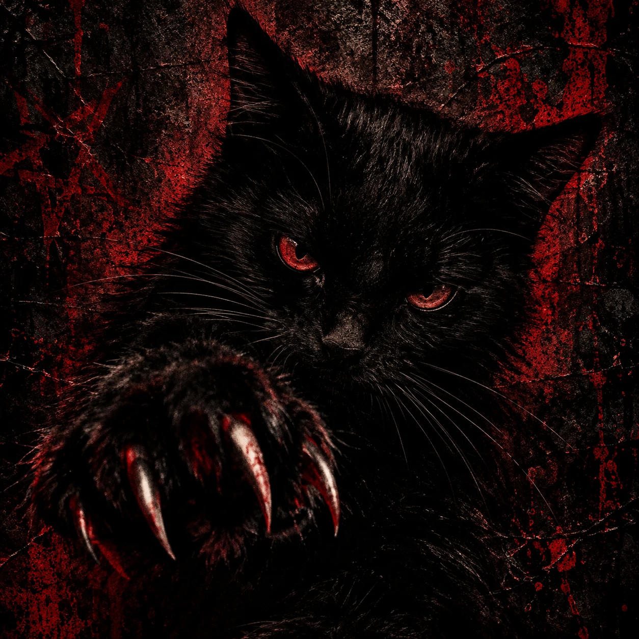 Grunge black cat PFP with dark textured background and moody red undertones