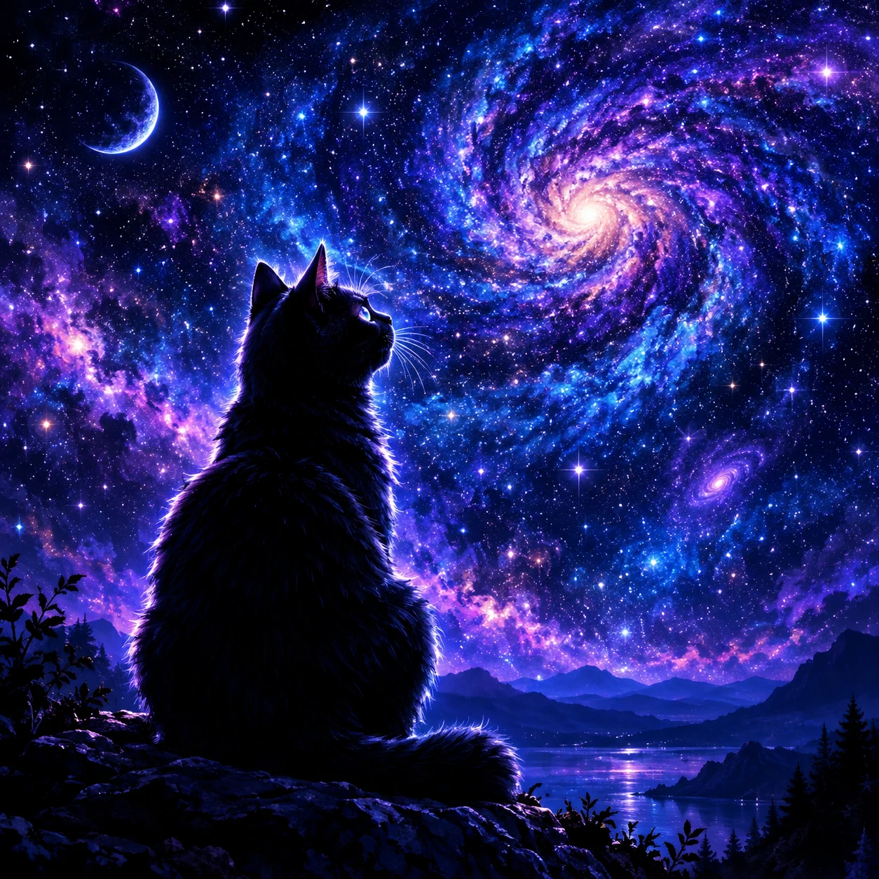 Black cat PFP of a cat sitting under a starry night sky with galaxy colors