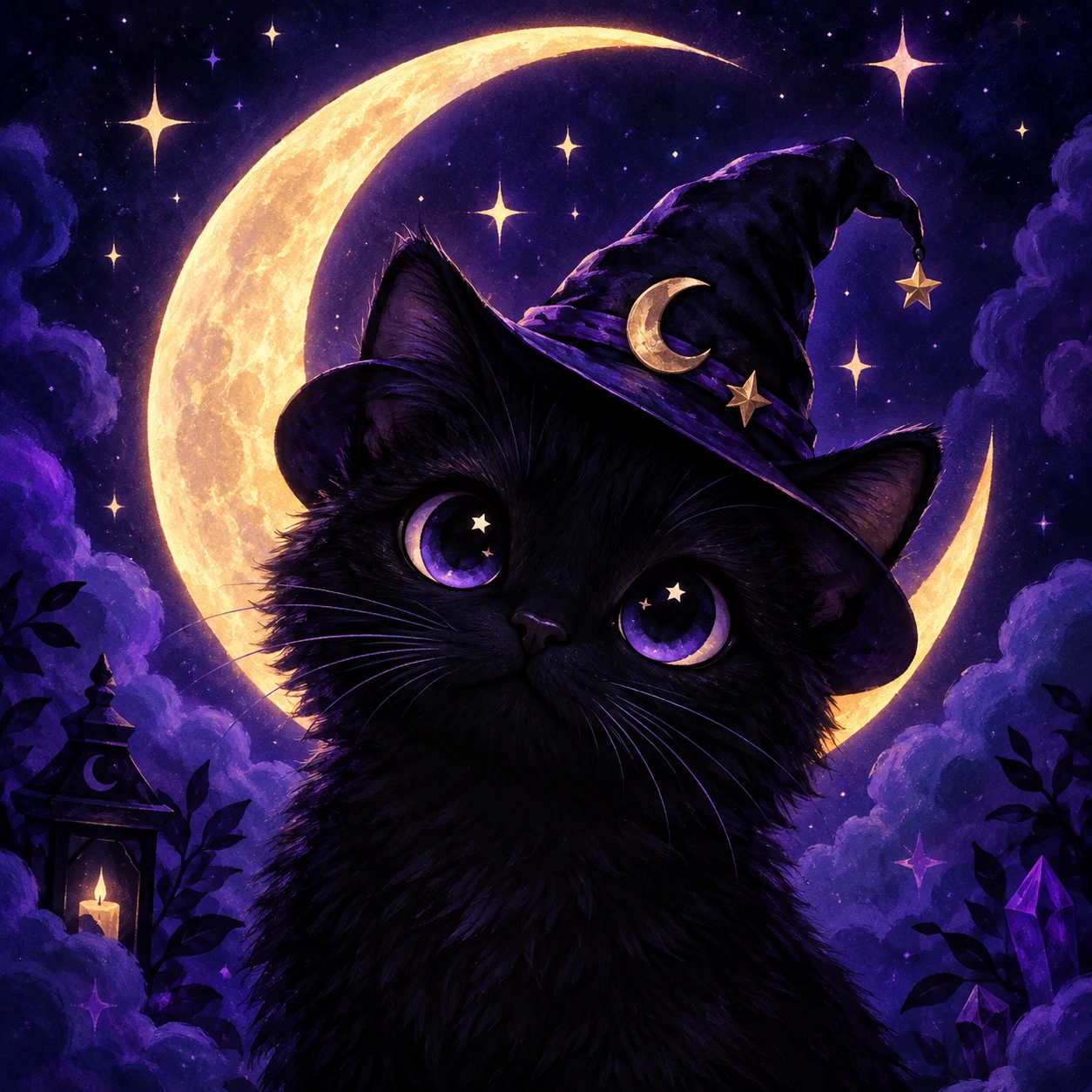 Witchy black cat PFP of a cat wearing a tiny pointed hat under a crescent moon