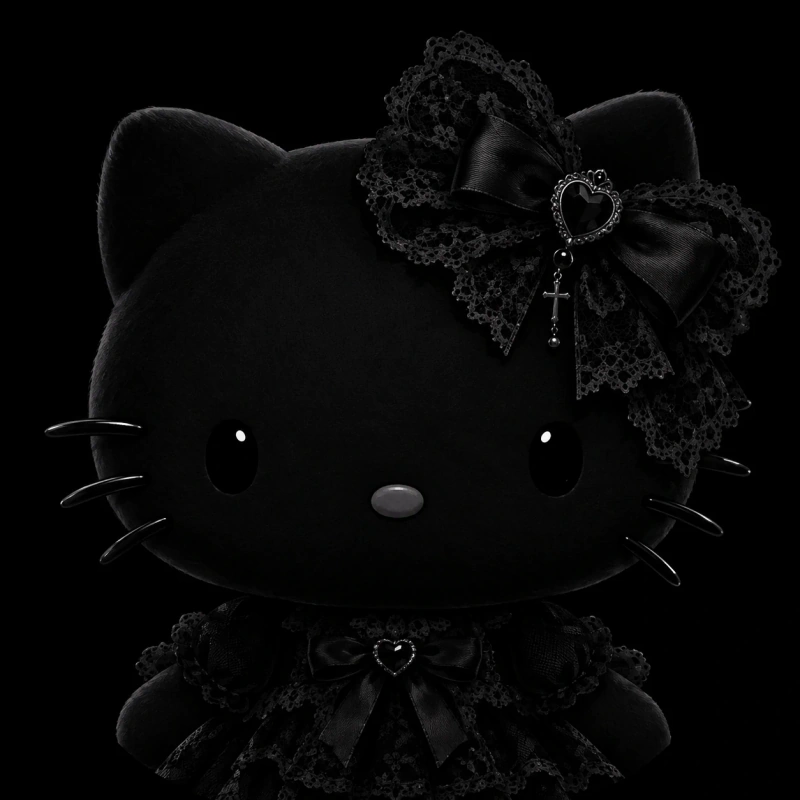 Black Hello Kitty PFP with a gothic lace bow on a dark background