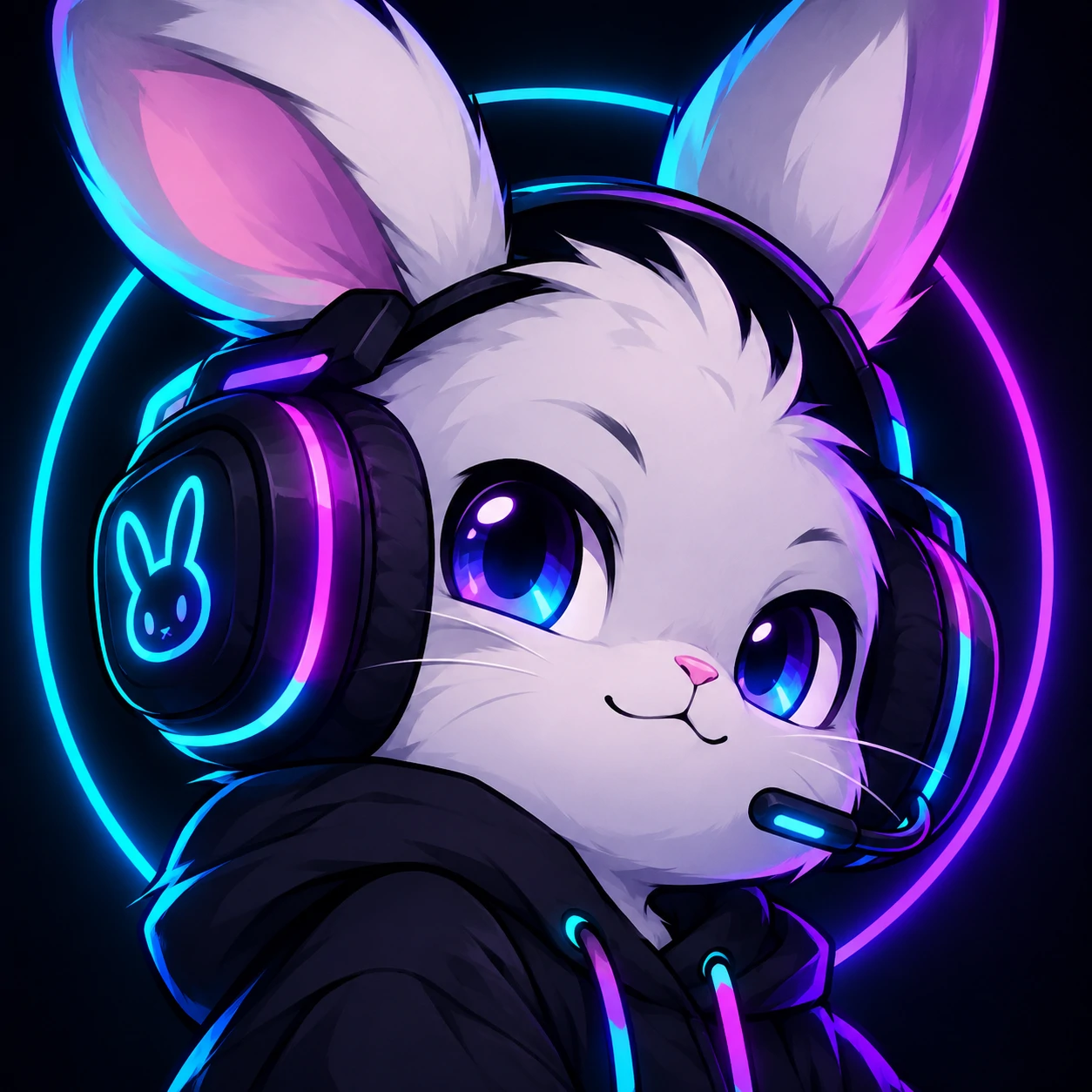 Bunny pfp for Discord wearing gaming headphones with neon accents