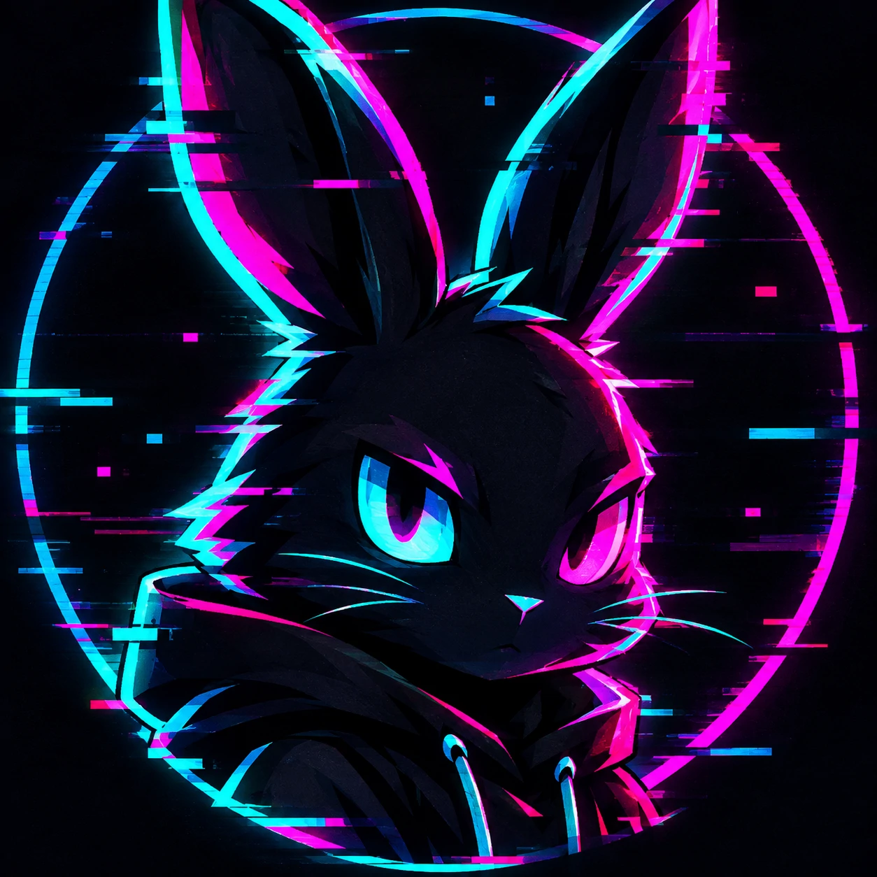 Glitch-style neon bunny pfp for Discord with cyan and magenta edges