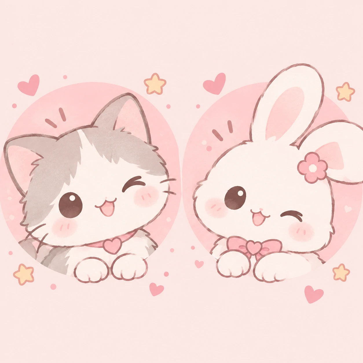 Cat and bunny matching pfp duo in soft kawaii style