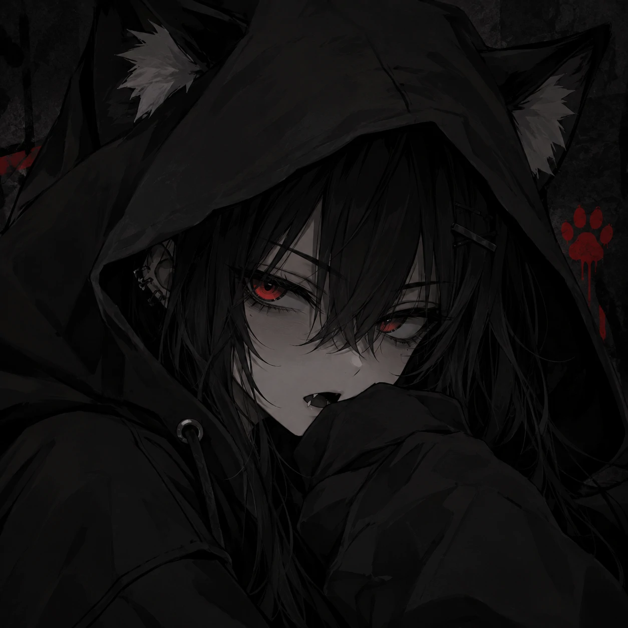 Dark cat girl PFP of an anime girl in a black hoodie with matching cat ears