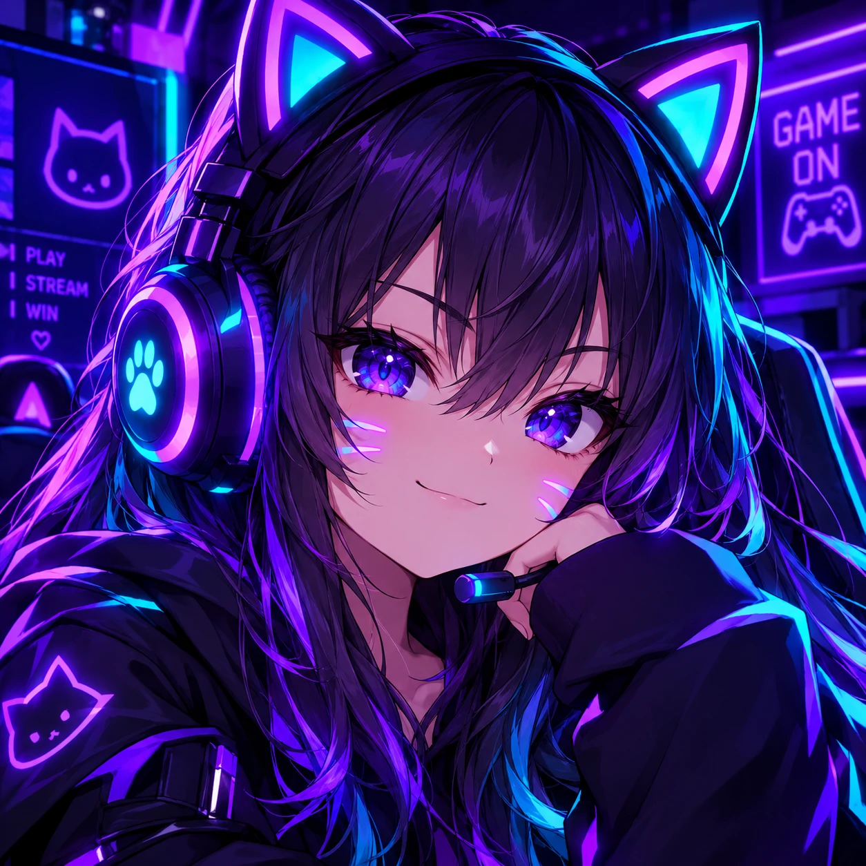 Gamer cat girl PFP of an anime girl with cat ear headphones and LED glow