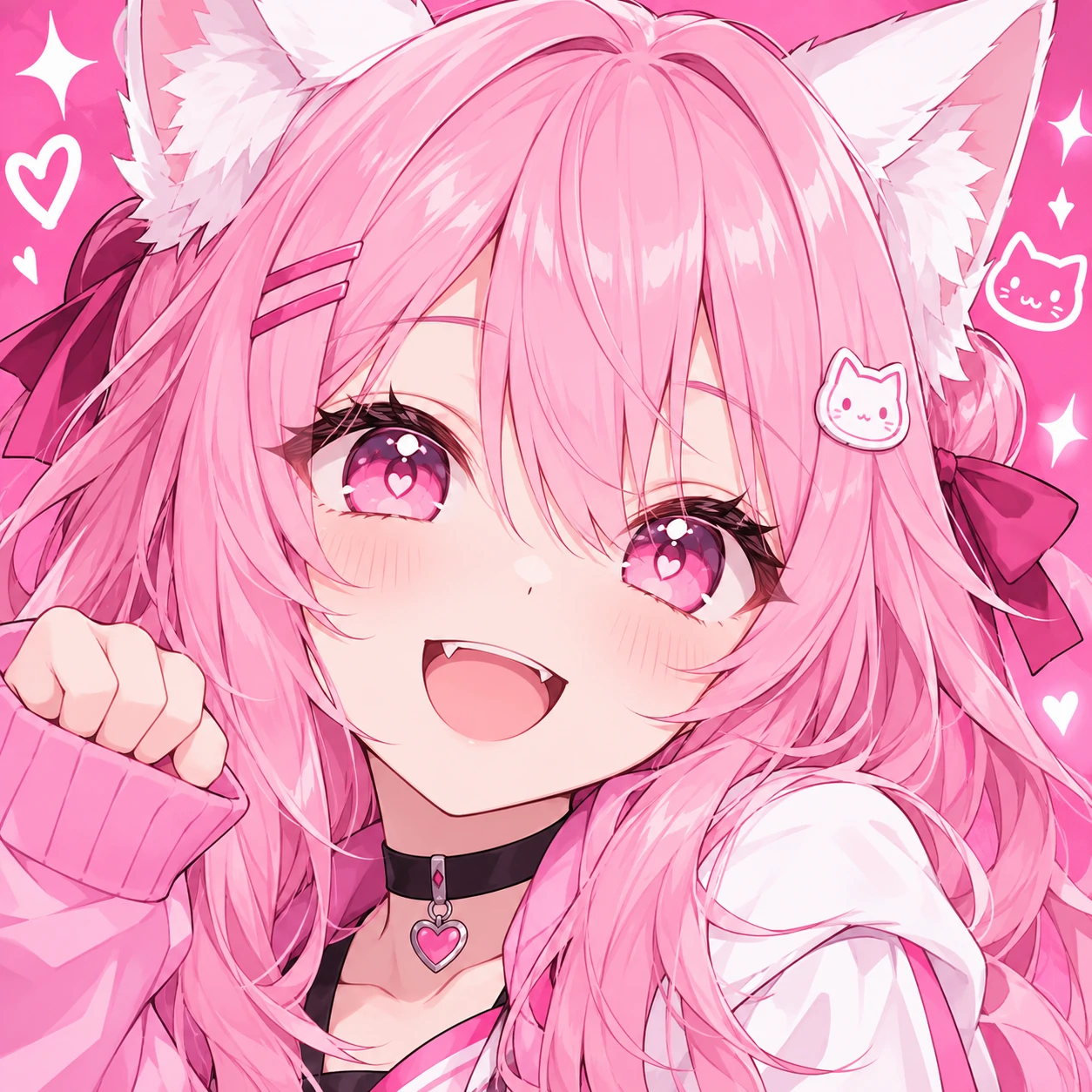 Cat girl PFP of an anime girl with pink hair and white cat ears smiling