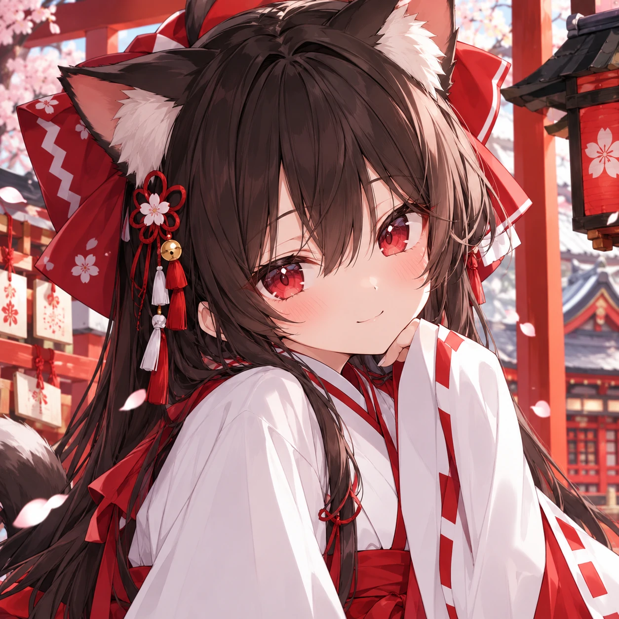 Cat girl PFP of an anime shrine maiden with cat ears in red and white