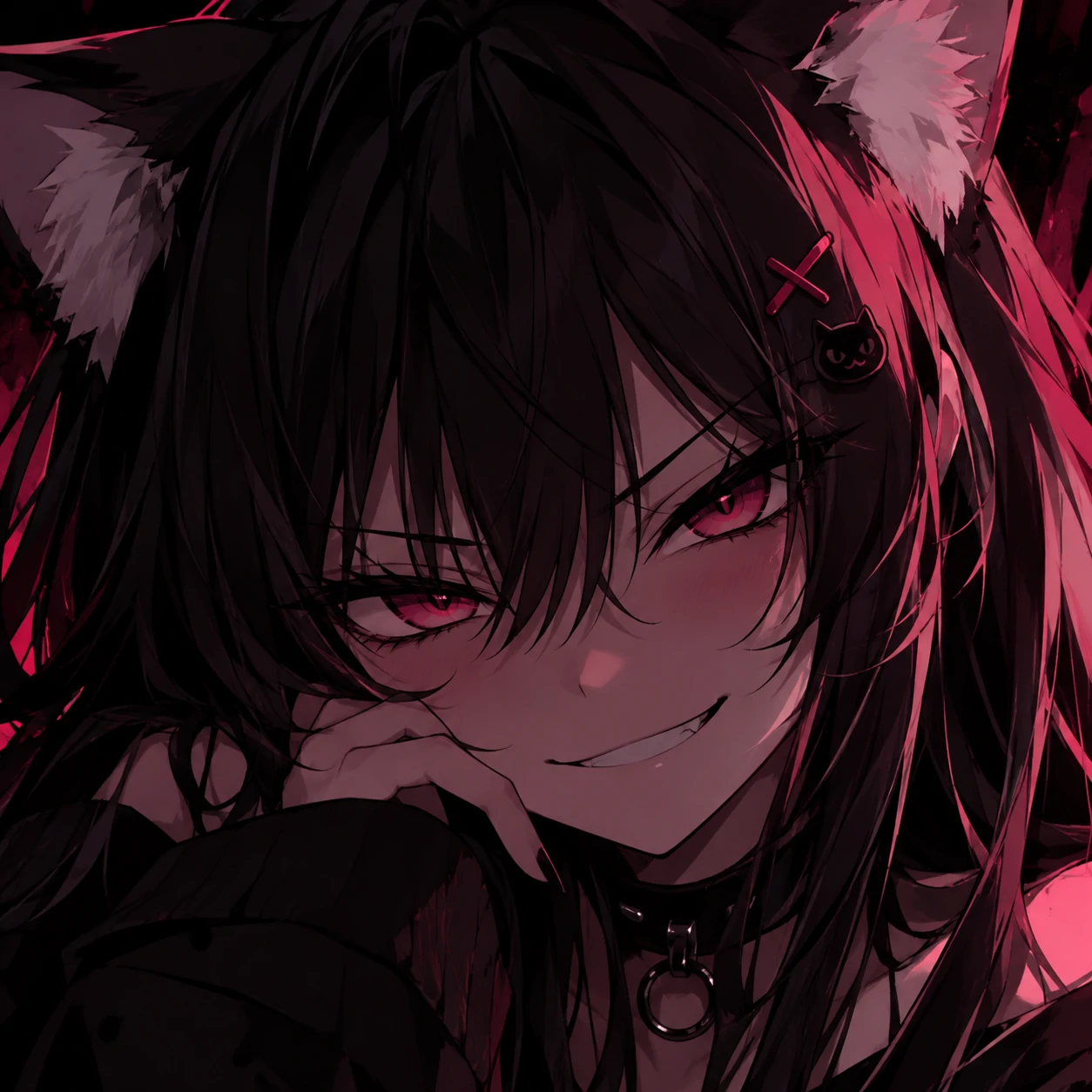 Cat girl PFP of an anime girl with cat ears and a sly confident smirk