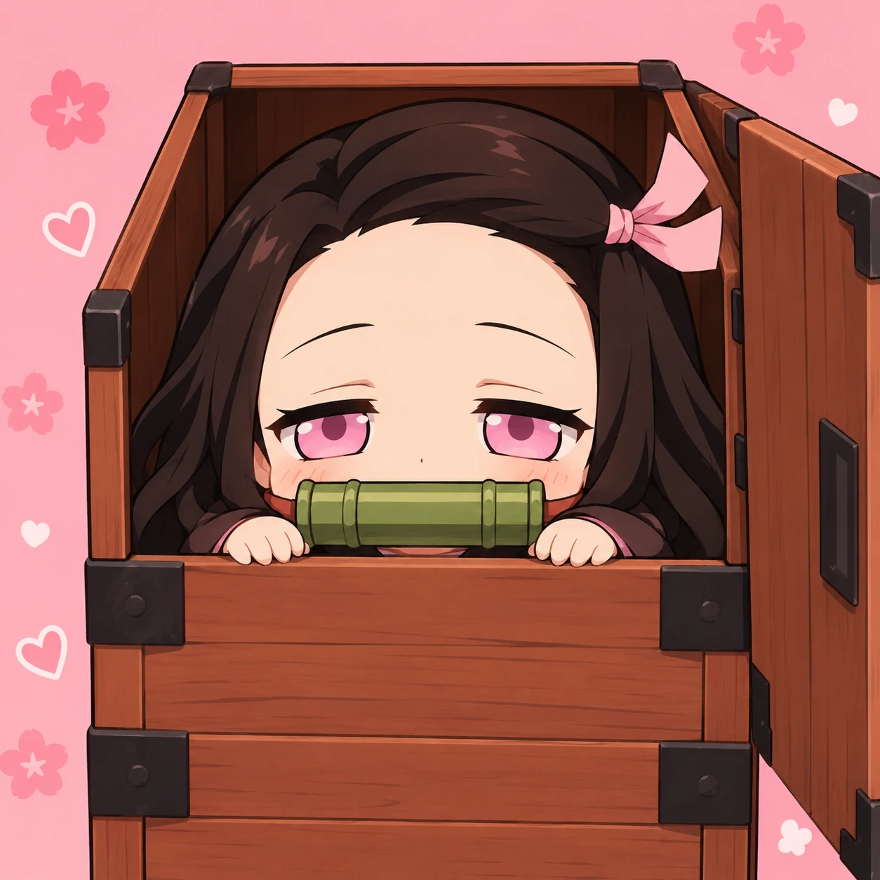 Chibi Nezuko peeking out of her wooden box with sleepy eyes, kawaii Demon Slayer icon