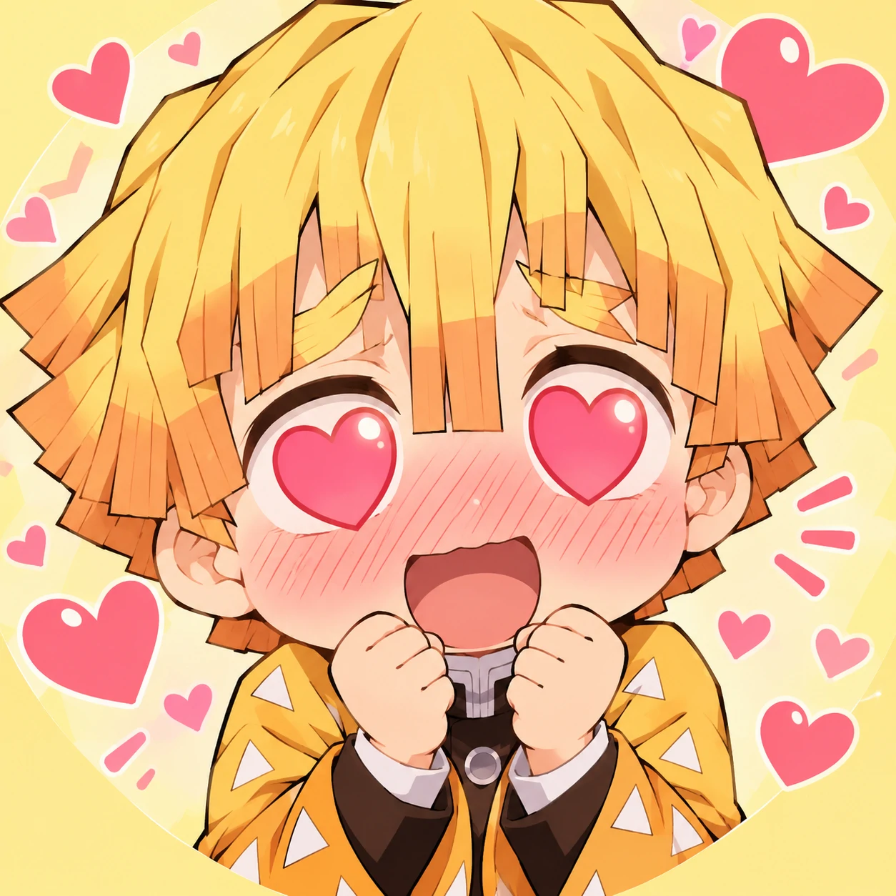 Chibi Zenitsu blushing with heart eyes and tiny hands, cute Demon Slayer boy pfp