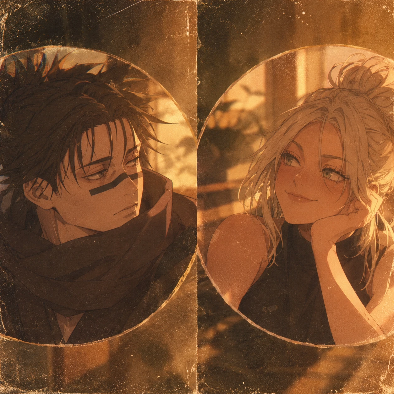 Aesthetic matching PFP of Choso and Yuki with vintage filter and warm light