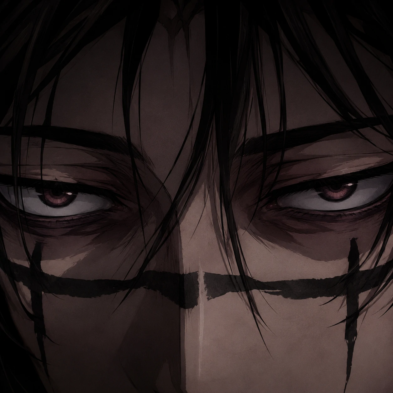 Extreme close-up 4K Choso profile picture focused on his tired calm eyes