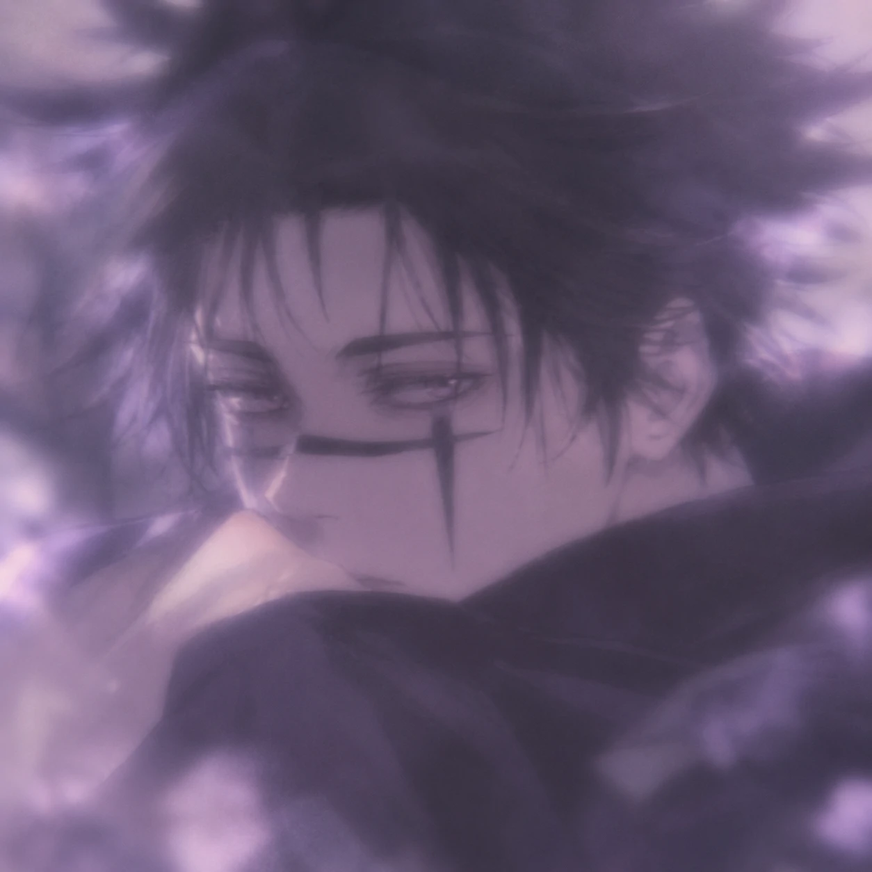 Dreamy blurred aesthetic Choso PFP with soft focus and muted lavender tones