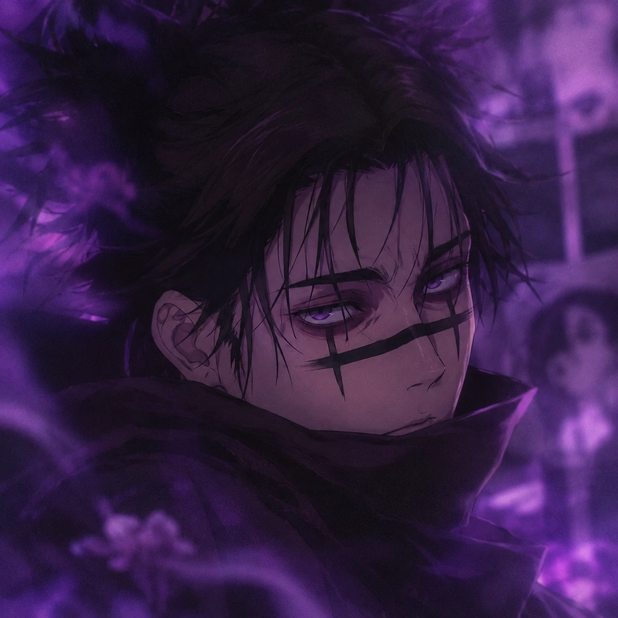 Choso aesthetic profile picture with purple haze lighting and blurred anime background
