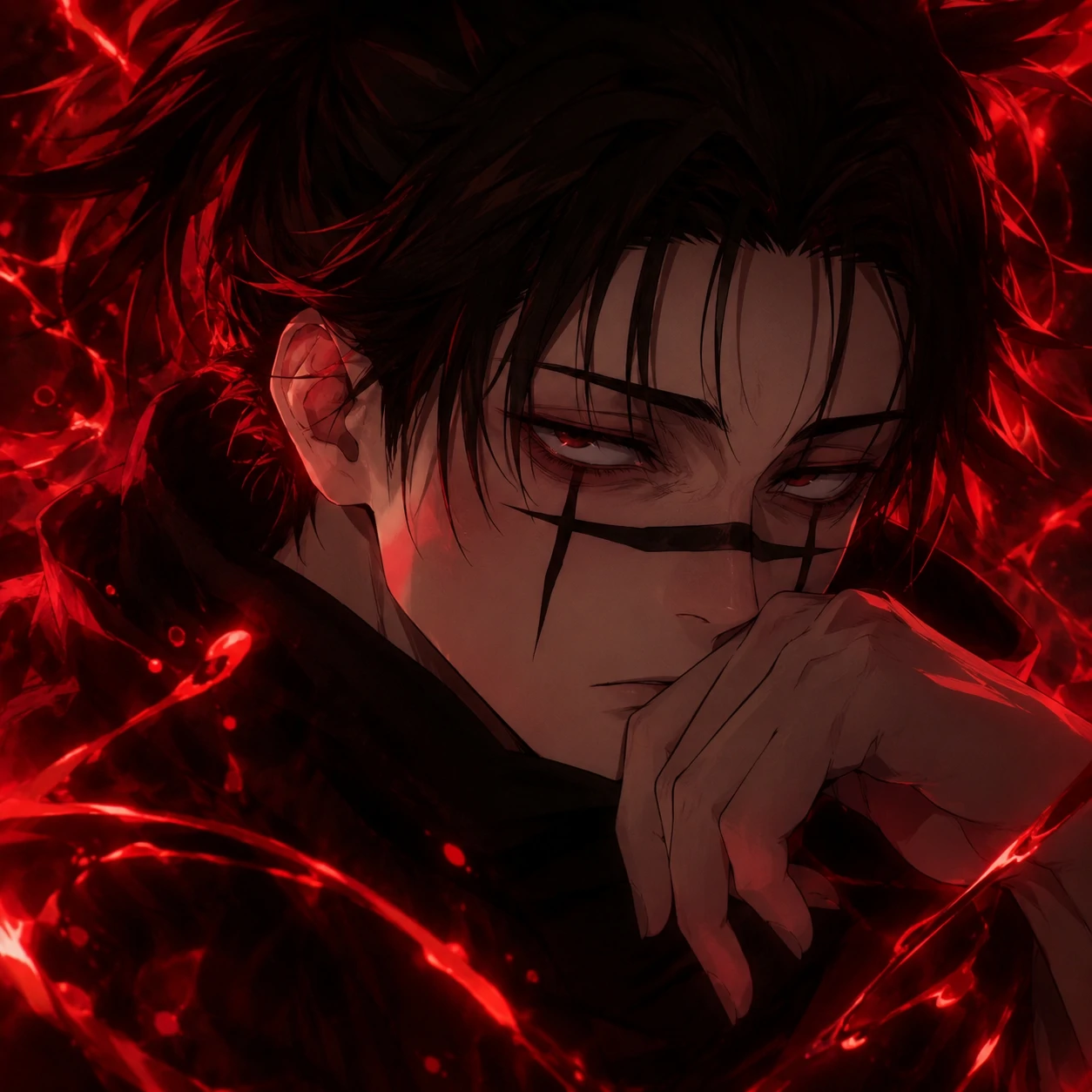 Aesthetic Choso profile picture with deep red glow echoing his blood manipulation technique