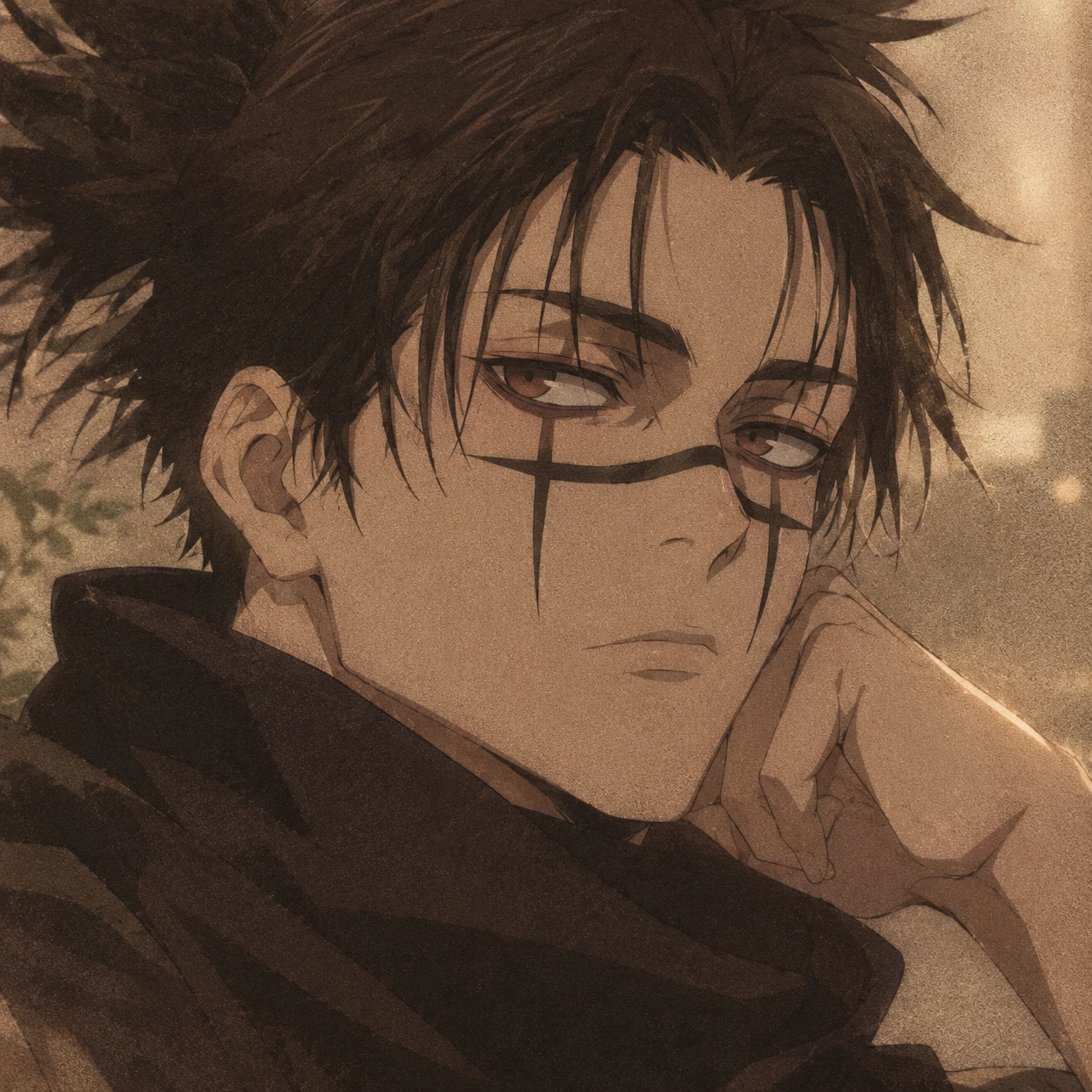 Aesthetic Choso PFP with soft film grain and warm beige tones from Jujutsu Kaisen