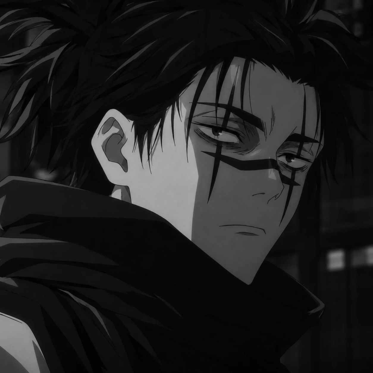 Desaturated black and white Choso PFP from a Jujutsu Kaisen anime screencap