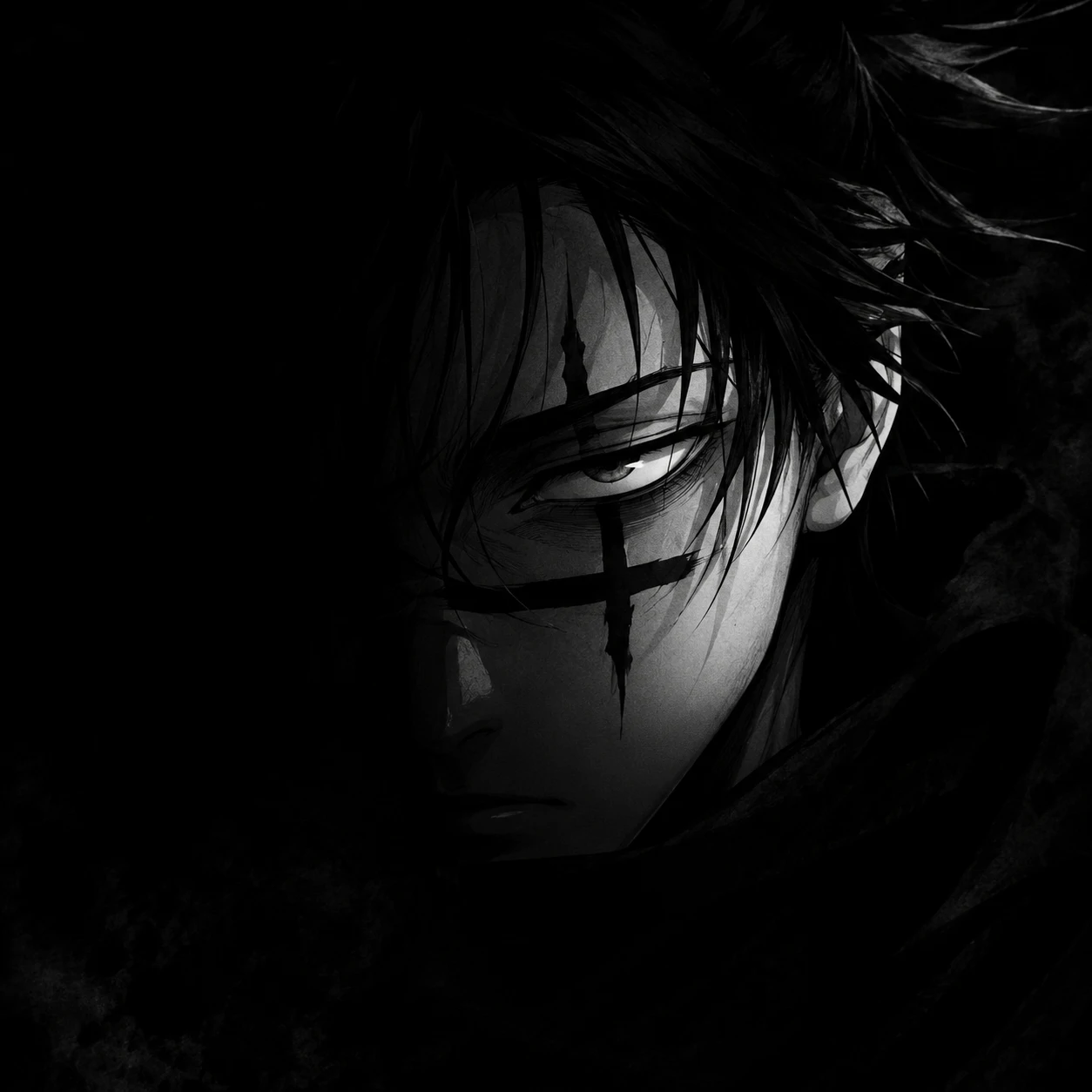 Low-key black and white Choso PFP with face emerging from deep shadow
