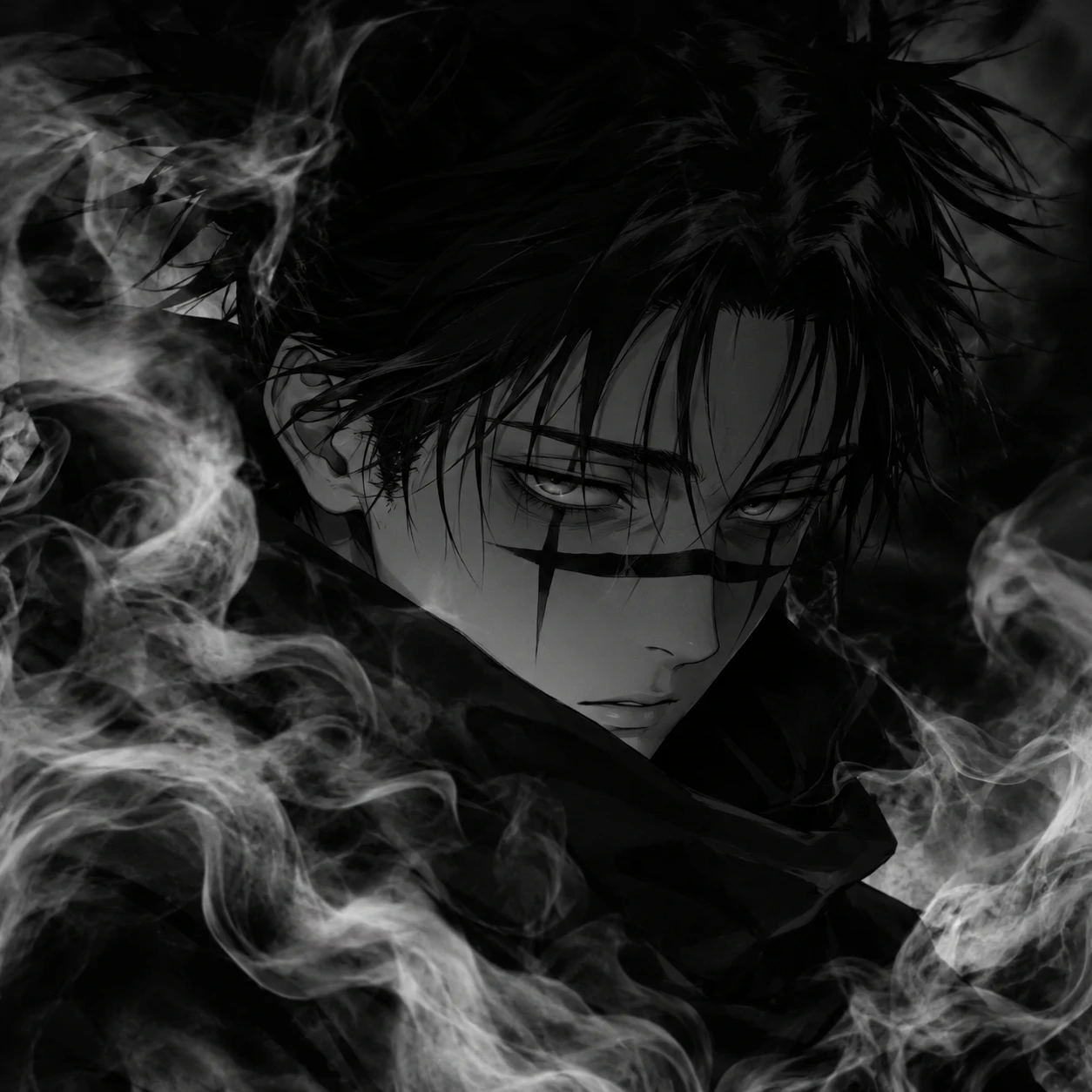 Black and white Choso profile picture surrounded by soft smoke effects