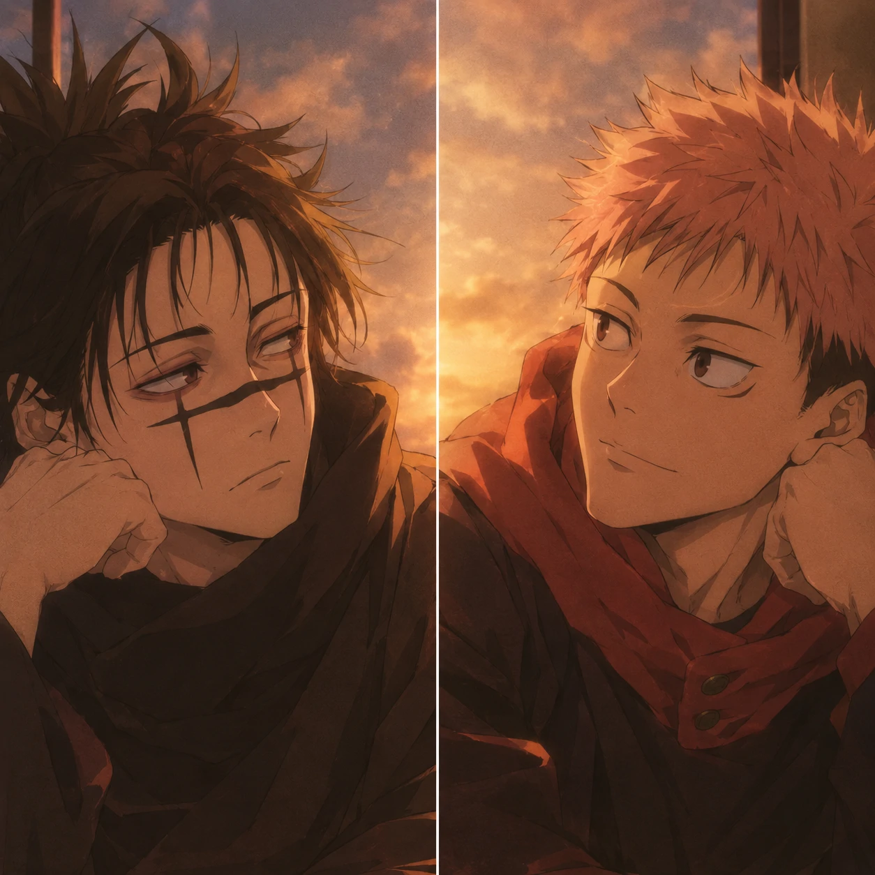 Aesthetic Choso and Yuji matching PFP with soft warm color grading