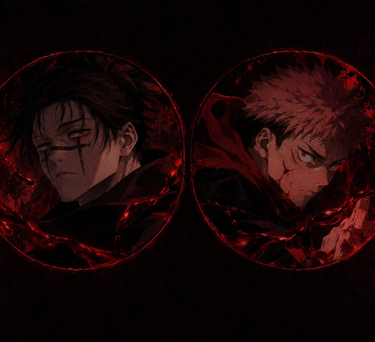 Dark themed Choso and Yuji matching PFP pair with moody red accents