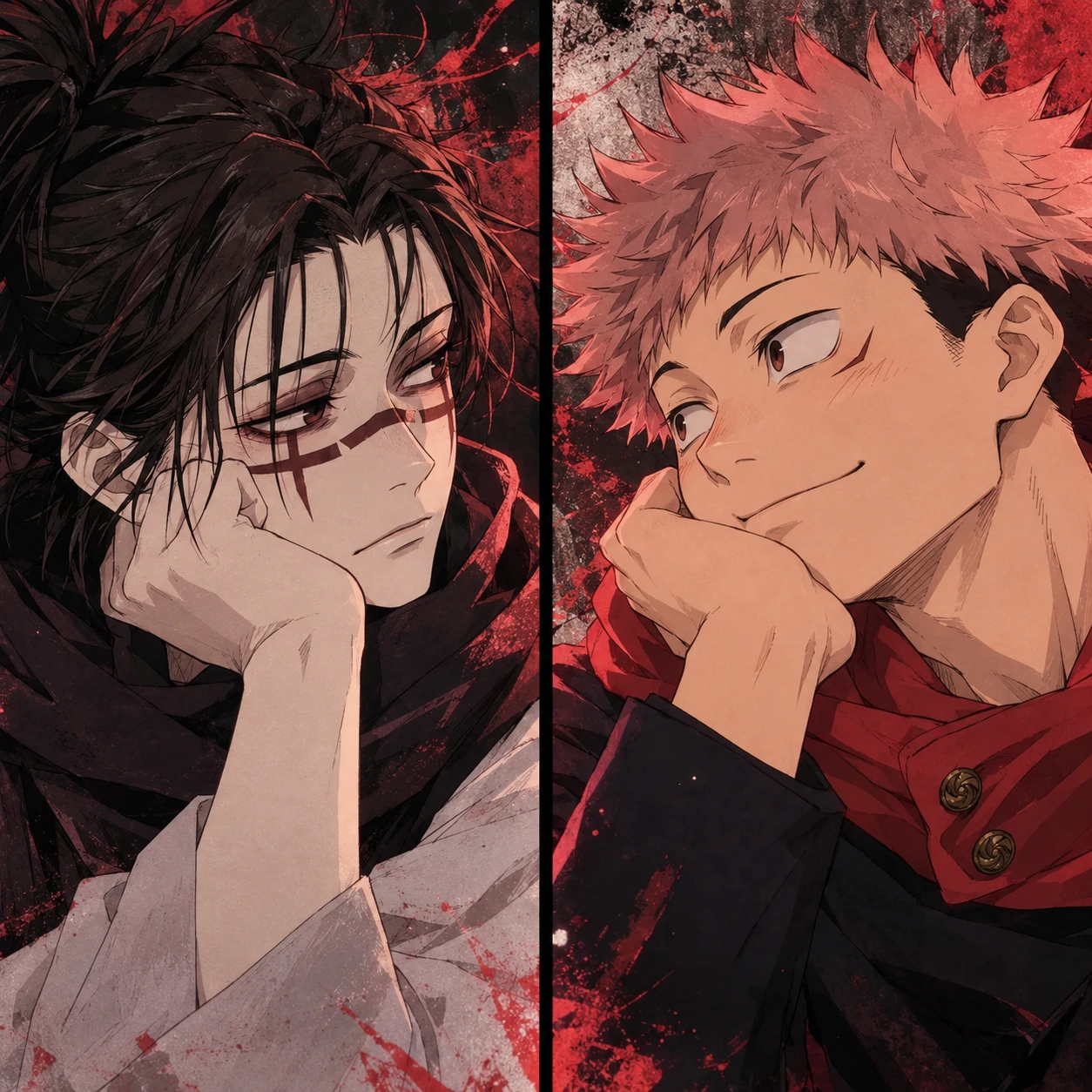 Split screen Choso and Yuji matching profile pictures with mirrored poses